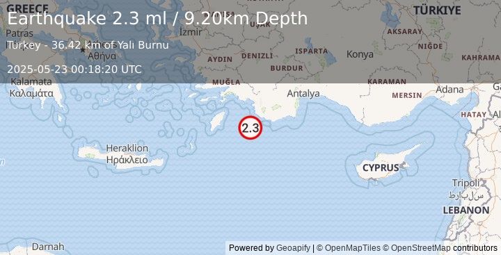 Earthquake WESTERN TURKEY (2.3 ml) (2025-05-23 00:18:20 UTC)