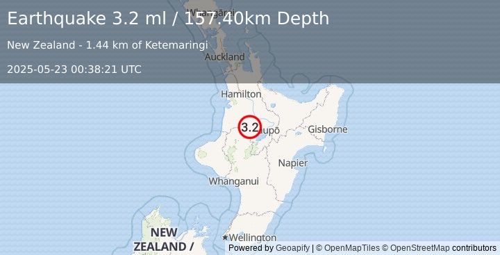 Earthquake NORTH ISLAND OF NEW ZEALAND (3.2 ml) (2025-05-23 00:38:21 UTC)