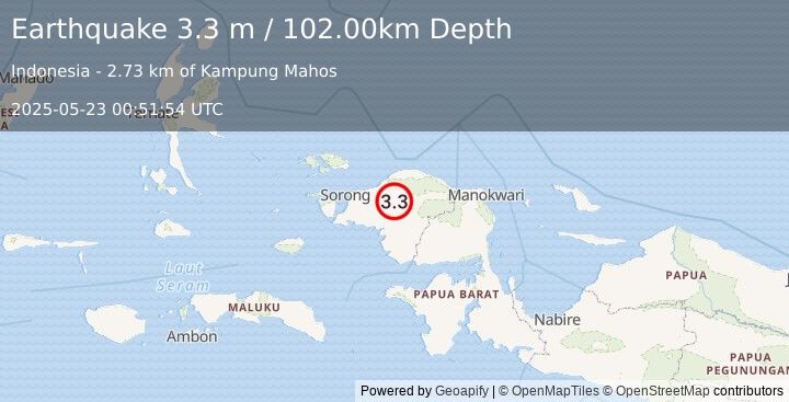 Earthquake NEAR N COAST OF PAPUA, INDONESIA (3.3 m) (2025-05-23 00:51:54 UTC)