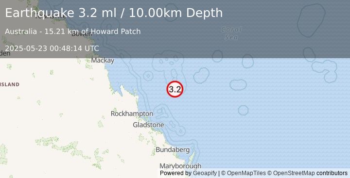 Earthquake EAST OF AUSTRALIA (3.2 ml) (2025-05-23 00:48:14 UTC)