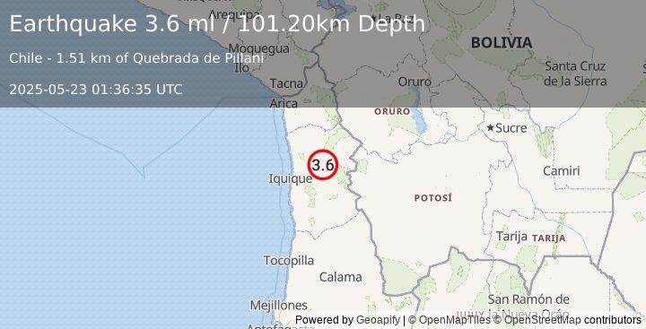 Earthquake TARAPACA, CHILE (3.6 ml) (2025-05-23 01:36:35 UTC)