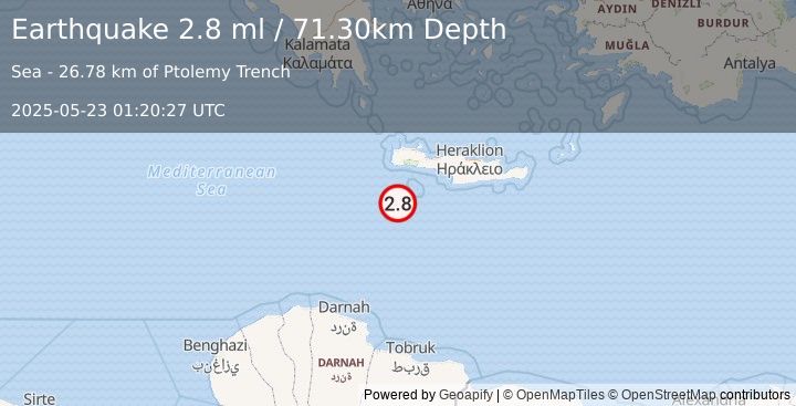 Earthquake CRETE, GREECE (2.8 ml) (2025-05-23 01:20:27 UTC)