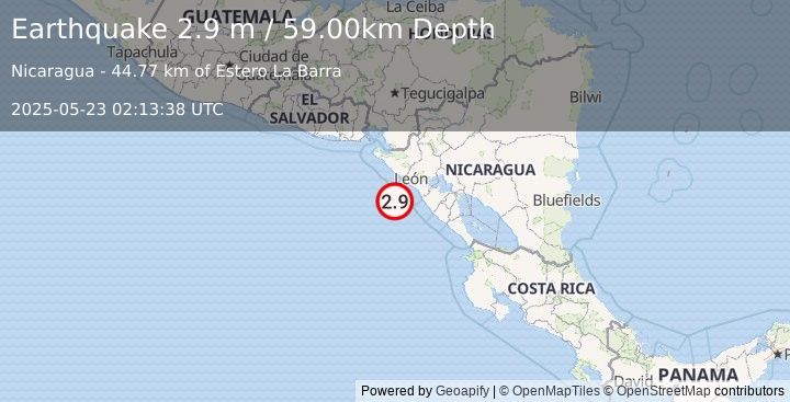 Earthquake NEAR COAST OF NICARAGUA (2.9 m) (2025-05-23 02:13:38 UTC)