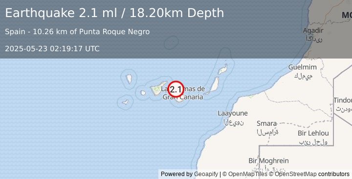 Earthquake CANARY ISLANDS, SPAIN REGION (2.1 ml) (2025-05-23 02:19:17 UTC)