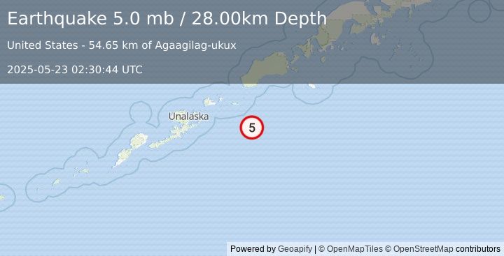 Earthquake UNIMAK ISLAND REGION, ALASKA (5.2 mw) (2025-05-23 02:30:40 UTC)