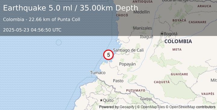 Earthquake NEAR WEST COAST OF COLOMBIA (4.8 mb) (2025-05-23 04:56:47 UTC)