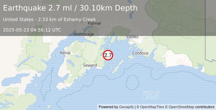 Earthquake KENAI PENINSULA, ALASKA (2.7 ml) (2025-05-23 04:56:12 UTC)