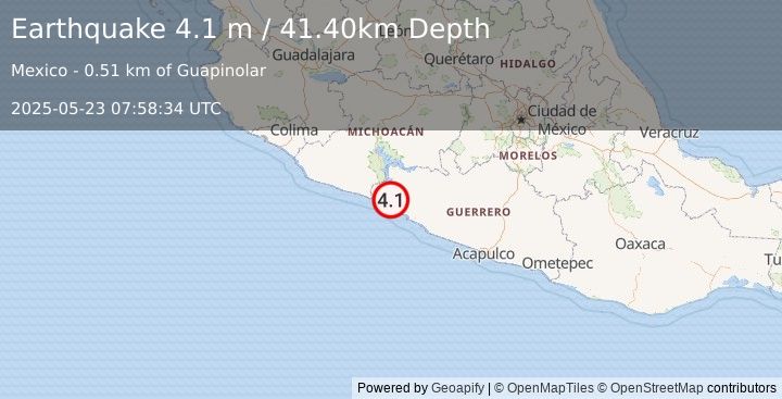 Earthquake GUERRERO, MEXICO (4.1 m) (2025-05-23 07:58:34 UTC)