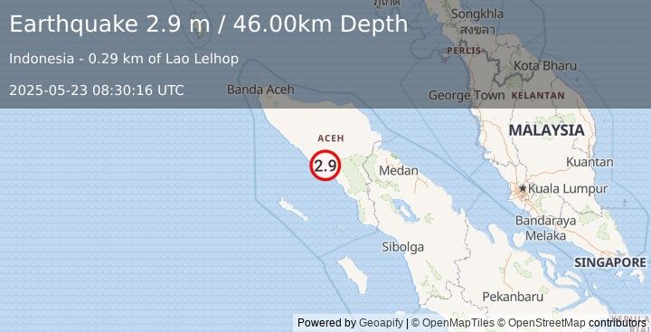 Earthquake NORTHERN SUMATRA, INDONESIA (2.9 m) (2025-05-23 08:30:16 UTC)