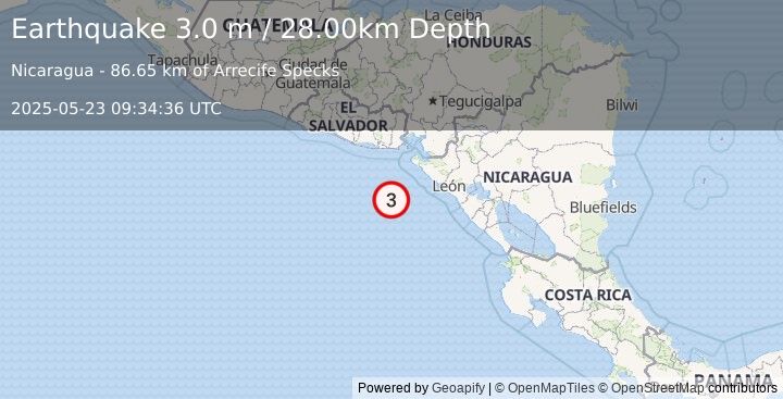 Earthquake NEAR COAST OF NICARAGUA (3.0 m) (2025-05-23 09:34:36 UTC)