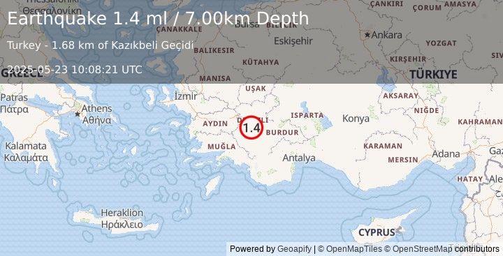 Earthquake WESTERN TURKEY (1.4 ml) (2025-05-23 10:08:21 UTC)