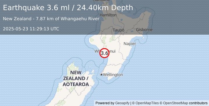 Earthquake NORTH ISLAND OF NEW ZEALAND (3.6 ml) (2025-05-23 11:29:13 UTC)