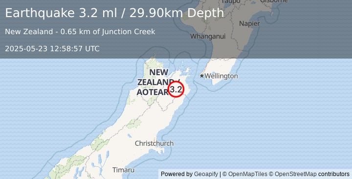 Earthquake SOUTH ISLAND OF NEW ZEALAND (3.2 ml) (2025-05-23 12:58:57 UTC)
