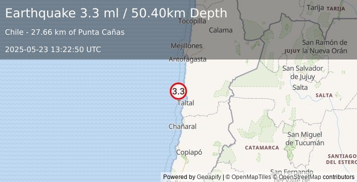 Earthquake OFFSHORE ANTOFAGASTA, CHILE (3.3 ml) (2025-05-23 13:22:50 UTC)