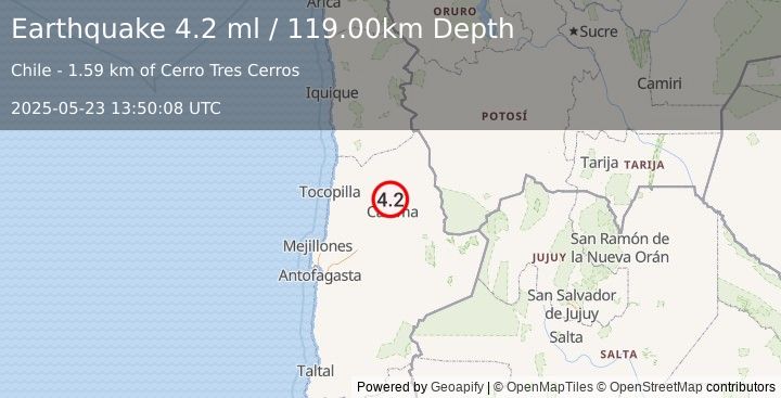 Earthquake ANTOFAGASTA, CHILE (4.2 ml) (2025-05-23 13:50:08 UTC)