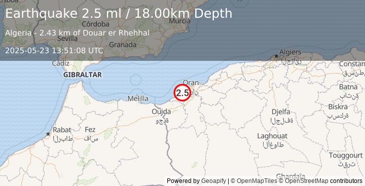 Earthquake NORTHERN ALGERIA (2.5 ml) (2025-05-23 13:51:08 UTC)
