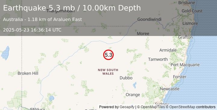 Earthquake NEW SOUTH WALES, AUSTRALIA (5.3 mb) (2025-05-23 16:36:13 UTC)