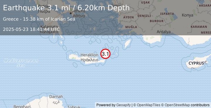 Earthquake CRETE, GREECE (3.2 ml) (2025-05-23 18:41:45 UTC)