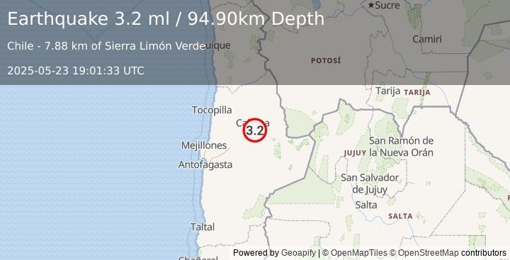 Earthquake ANTOFAGASTA, CHILE (3.2 ml) (2025-05-23 19:01:33 UTC)