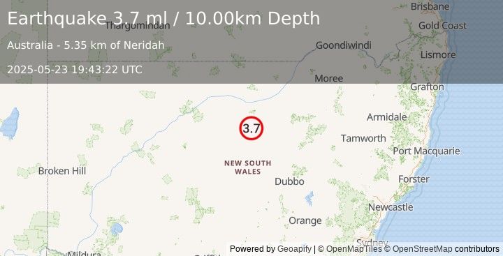 Earthquake NEW SOUTH WALES, AUSTRALIA (3.7 ml) (2025-05-23 19:43:22 UTC)