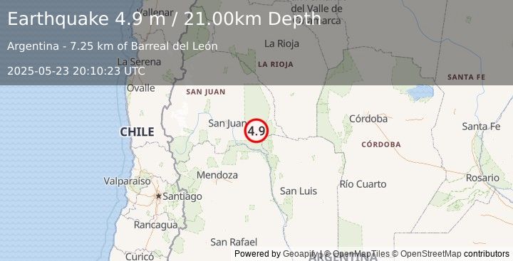 Earthquake SAN JUAN, ARGENTINA (4.9 m) (2025-05-23 20:10:23 UTC)