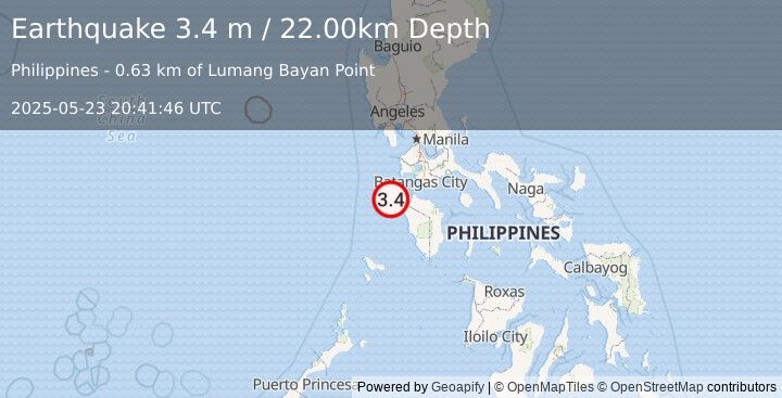 Earthquake MINDORO, PHILIPPINES (3.4 m) (2025-05-23 20:41:46 UTC)