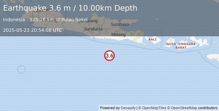 Earthquake SOUTH OF JAVA, INDONESIA (3.6 m) (2025-05-23 20:54:08 UTC)