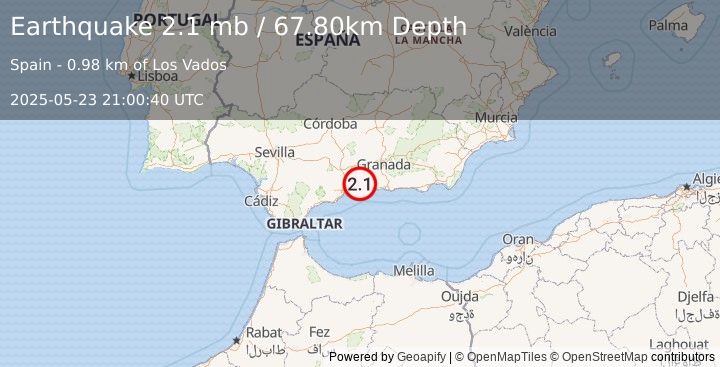 Earthquake STRAIT OF GIBRALTAR (2.1 mb) (2025-05-23 21:00:40 UTC)