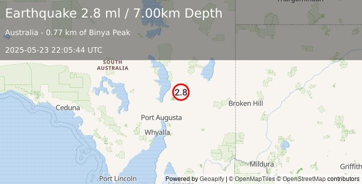 Earthquake SOUTH AUSTRALIA (2.8 ml) (2025-05-23 22:05:44 UTC)