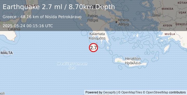 Earthquake SOUTHERN GREECE (2.7 ml) (2025-05-24 00:15:16 UTC)