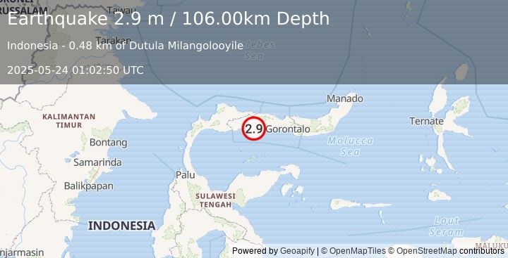 Earthquake MINAHASA, SULAWESI, INDONESIA (2.9 m) (2025-05-24 01:02:50 UTC)