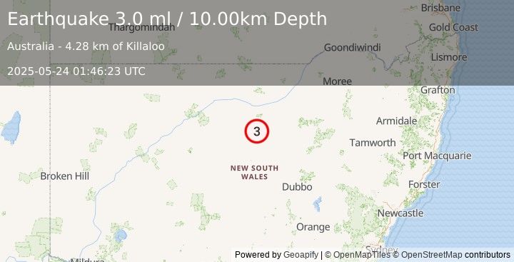 Earthquake NEW SOUTH WALES, AUSTRALIA (3.0 ml) (2025-05-24 01:46:23 UTC)