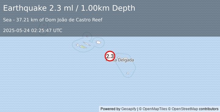 Earthquake AZORES ISLANDS, PORTUGAL (2.3 ml) (2025-05-24 02:25:47 UTC)