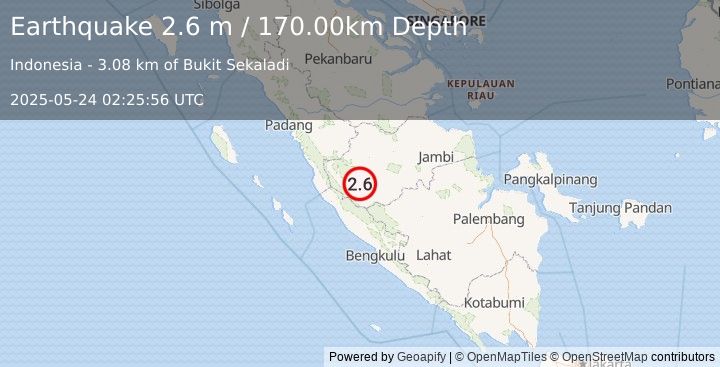 Earthquake SOUTHERN SUMATRA, INDONESIA (2.6 m) (2025-05-24 02:25:56 UTC)