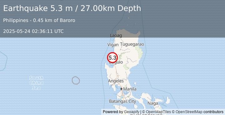 Earthquake LUZON, PHILIPPINES (5.2 mw) (2025-05-24 02:36:10 UTC)