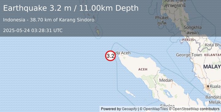 Earthquake NORTHERN SUMATRA, INDONESIA (3.2 m) (2025-05-24 03:28:31 UTC)