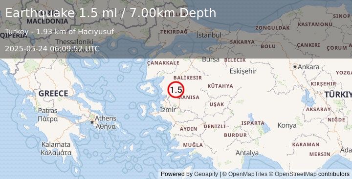 Earthquake WESTERN TURKEY (1.5 ml) (2025-05-24 06:09:52 UTC)