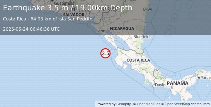 Earthquake OFF COAST OF COSTA RICA (3.5 m) (2025-05-24 06:46:36 UTC)