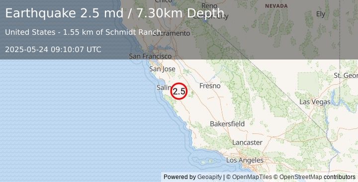 Earthquake CENTRAL CALIFORNIA (2.5 md) (2025-05-24 09:10:07 UTC)