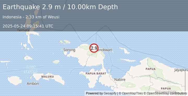 Earthquake NEAR N COAST OF PAPUA, INDONESIA (2.9 m) (2025-05-24 09:15:41 UTC)