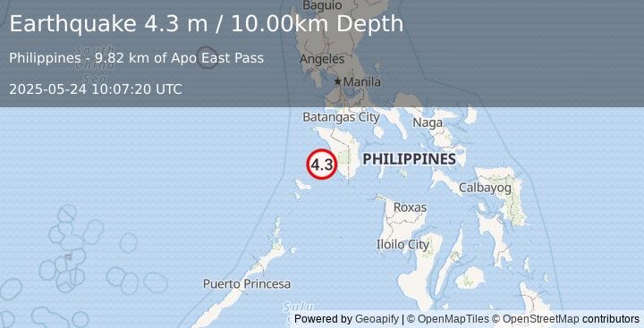 Earthquake MINDORO, PHILIPPINES (4.3 m) (2025-05-24 10:07:20 UTC)