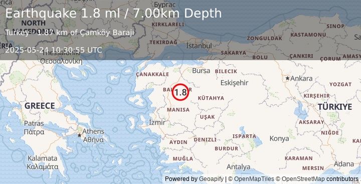 Earthquake WESTERN TURKEY (1.8 ml) (2025-05-24 10:30:55 UTC)
