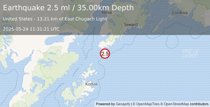 Earthquake KODIAK ISLAND REGION, ALASKA (2.5 ml) (2025-05-24 11:31:21 UTC)