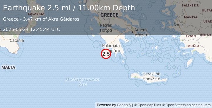 Earthquake SOUTHERN GREECE (2.5 ml) (2025-05-24 12:45:44 UTC)