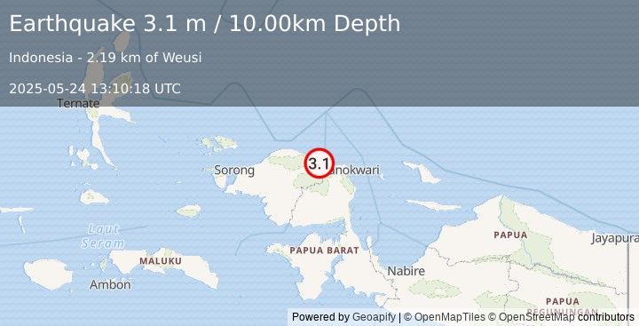 Earthquake NEAR N COAST OF PAPUA, INDONESIA (3.1 m) (2025-05-24 13:10:18 UTC)