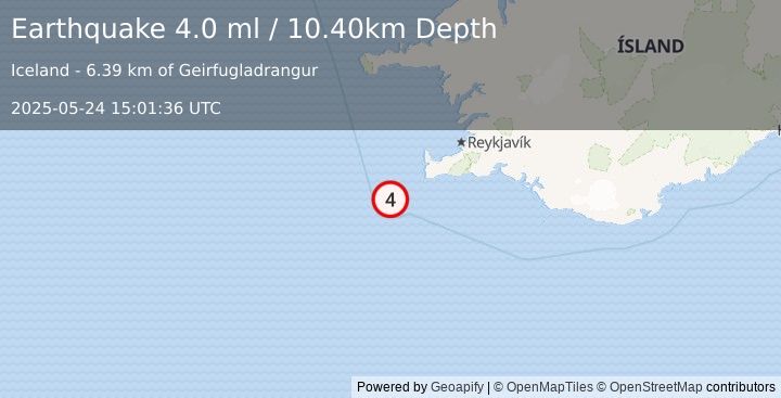 Earthquake ICELAND REGION (3.9 ml) (2025-05-24 15:01:38 UTC)