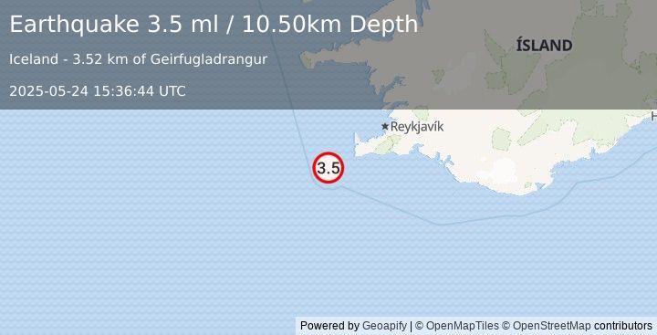 Earthquake ICELAND REGION (4.5 ml) (2025-05-24 15:36:50 UTC)
