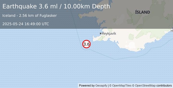 Earthquake ICELAND REGION (3.6 ml) (2025-05-24 16:49:00 UTC)