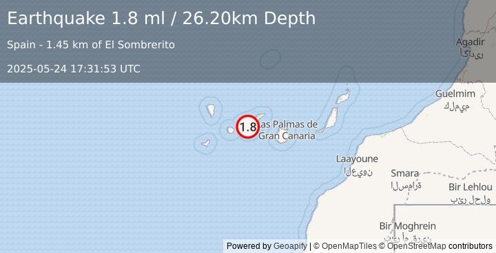 Earthquake CANARY ISLANDS, SPAIN REGION (1.8 ml) (2025-05-24 17:31:53 UTC)