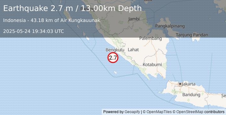 Earthquake SOUTHERN SUMATRA, INDONESIA (2.7 m) (2025-05-24 19:34:03 UTC)